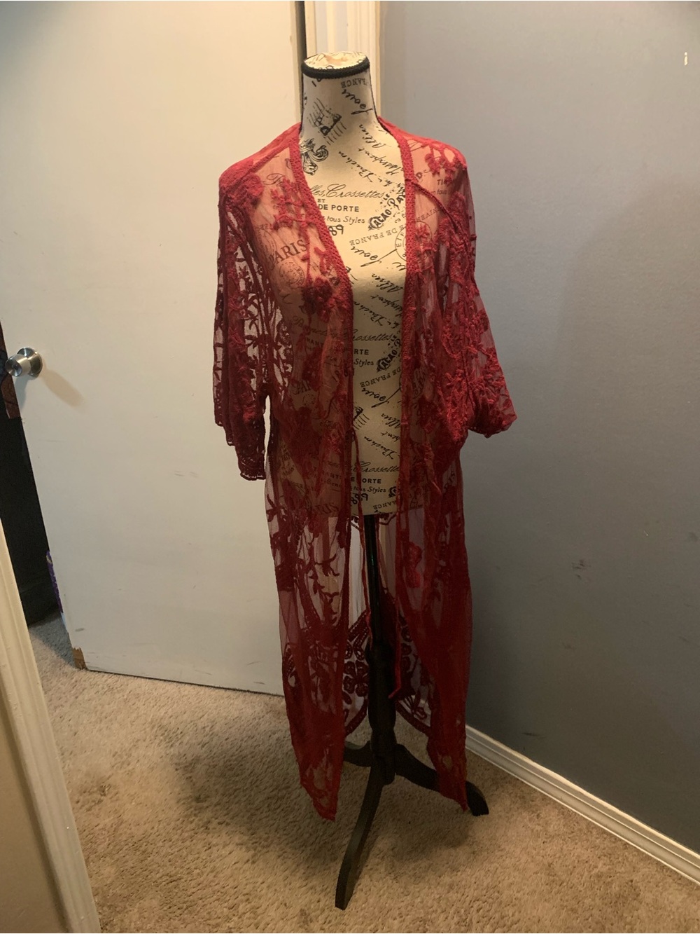 Sheer Red Lace Maxi Kimono